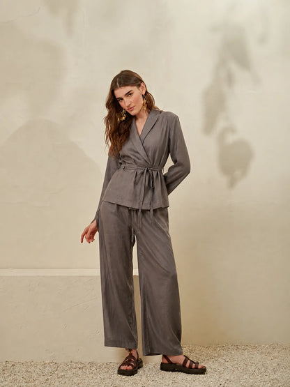 Grey wrap peplum top and wide-leg pants set, long sleeves, tie waist