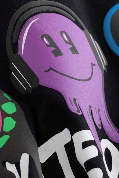 Black graphic T-shirt close-up: purple headphone smiley face print