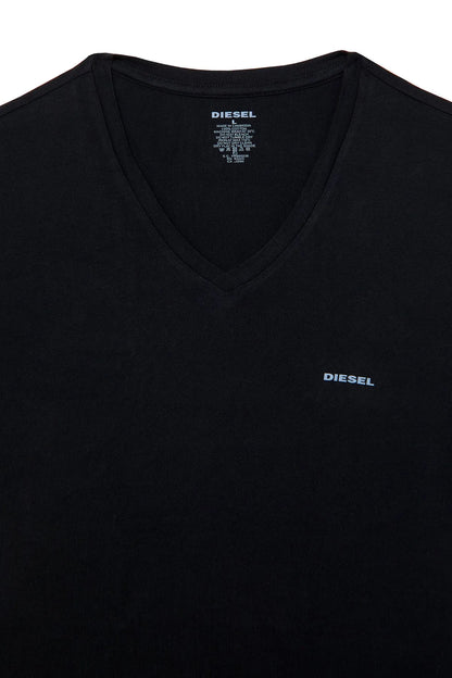 Black V-neck T-shirt with textured chest logo detail, short sleeves