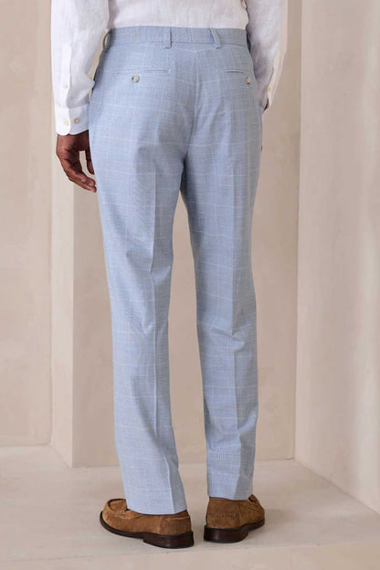 Light blue check suit trousers, rear view with belt loops
