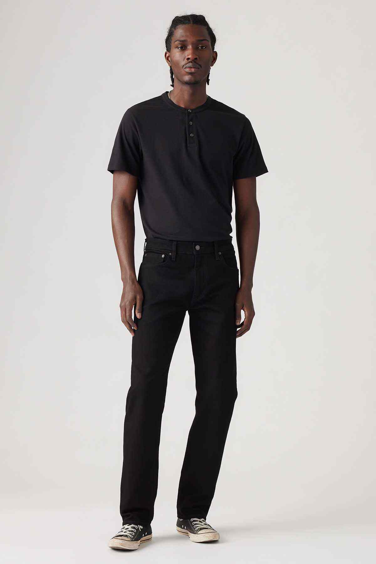Levi's black denim jeans, straight fit with five-pocket styling