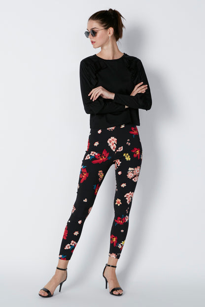 Black floral print slim-fit ankle pants