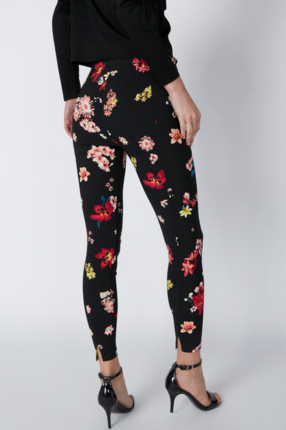 Black floral print tapered pants with ankle hem
