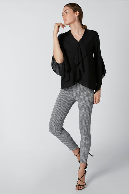 Splash pants: gray patterned ankle pants with slim fit and black blouse