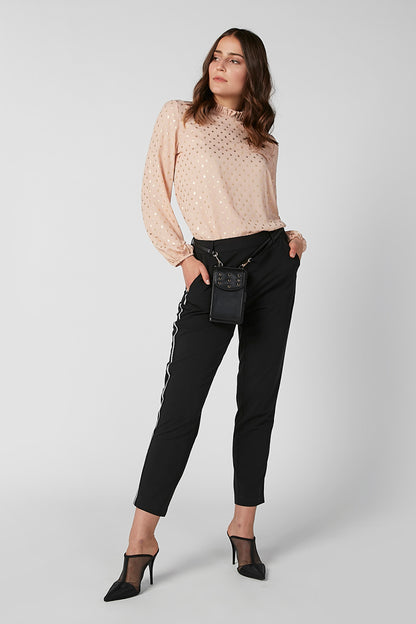 Black ankle-length tailored pants with belt loops and slim leg
