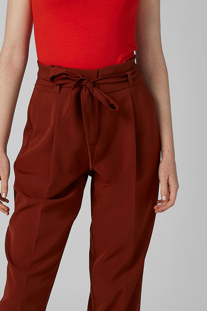Brown cropped pants, front drawstring tie waist and relaxed leg