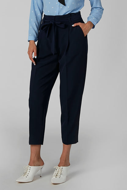 Navy cropped trousers with self-tie waist and straight legs