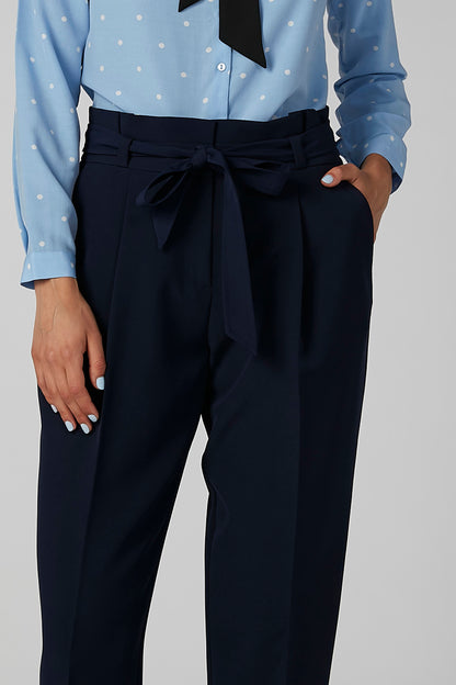 Navy trousers with ruched self-tie waist and front pleats