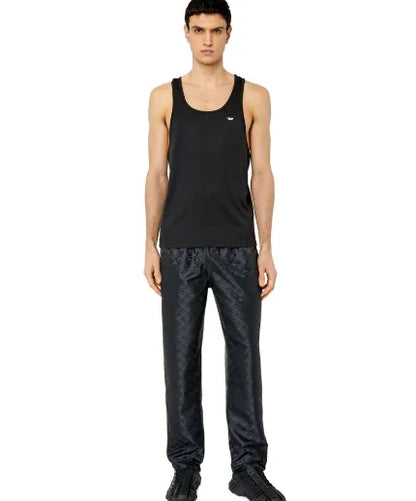 Men's black tank top with crew neck and small white logo