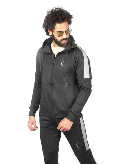 Men's black hooded zip jacket and track pants set with gray stripe, crescent logo