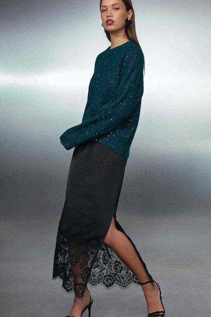 Teal sequin knit sweater with crew neck and long sleeves