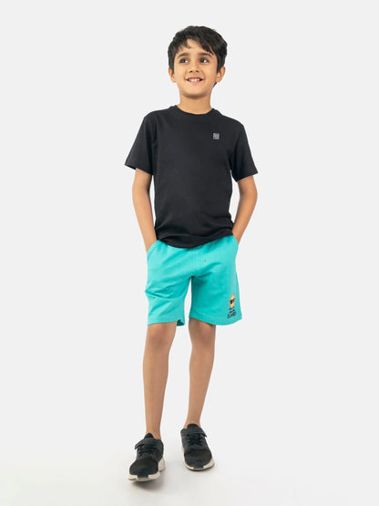 Black crew-neck cotton kids T-shirt, short sleeves, small chest logo