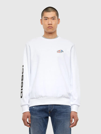 White crewneck sweatshirt with small chest logo, ribbed cuffs and hem