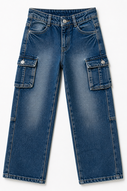 Dark blue denim jeans with two front cargo patch pockets
