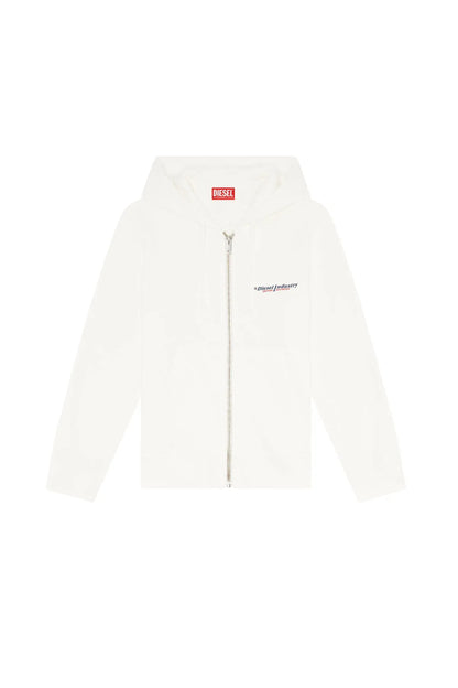 White zip-up hoodie with hood and drawstring, front view flat lay