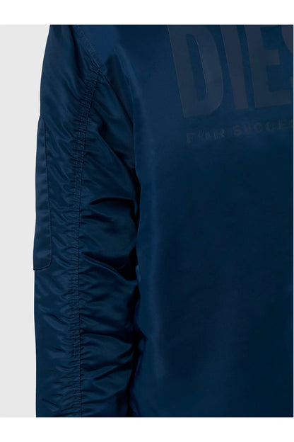 Navy bomber jacket with ruched sleeve panel and ribbed hem