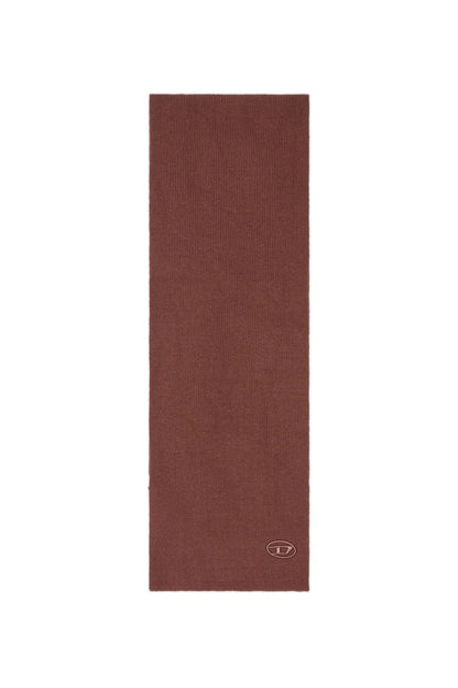 Diesel dark brown knitted scarf with logo at bottom corner, vertical view.