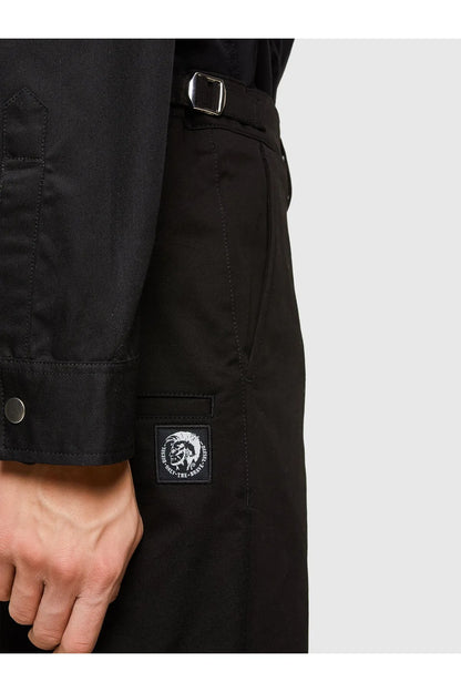 Black trousers with logo patch on thigh and buttoned side pocket