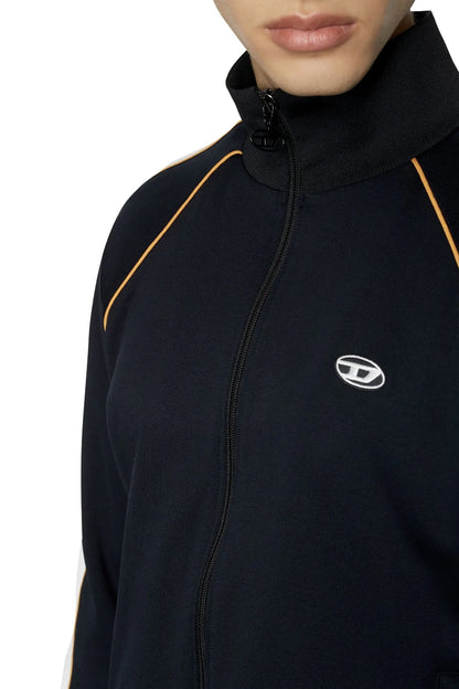 Diesel black zip track jacket with stand collar and oval chest logo, close-up
