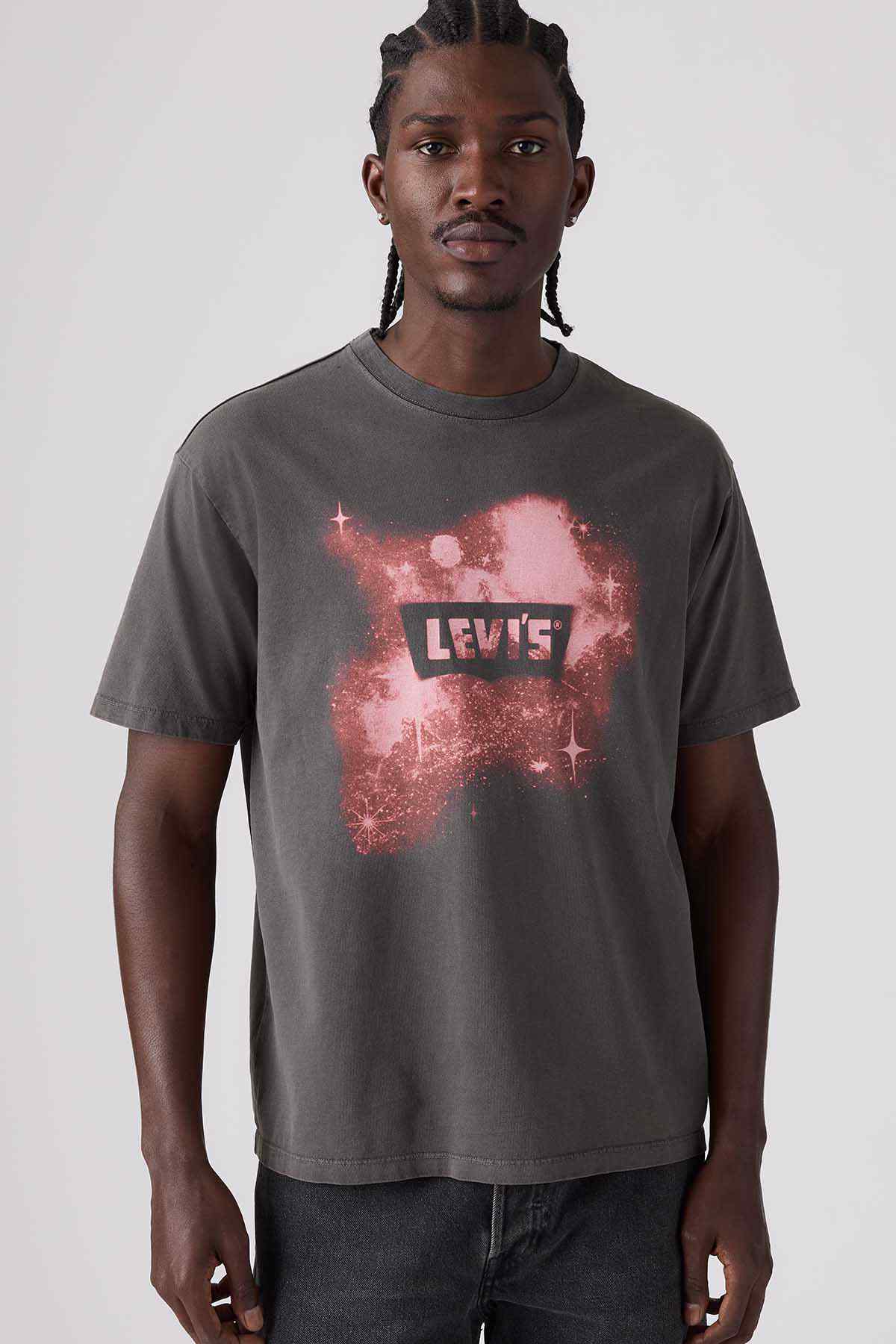 Grey T-shirt with pink glitter-style square logo print at chest