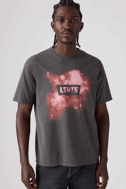 Grey T-shirt with pink glitter-style square logo print at chest