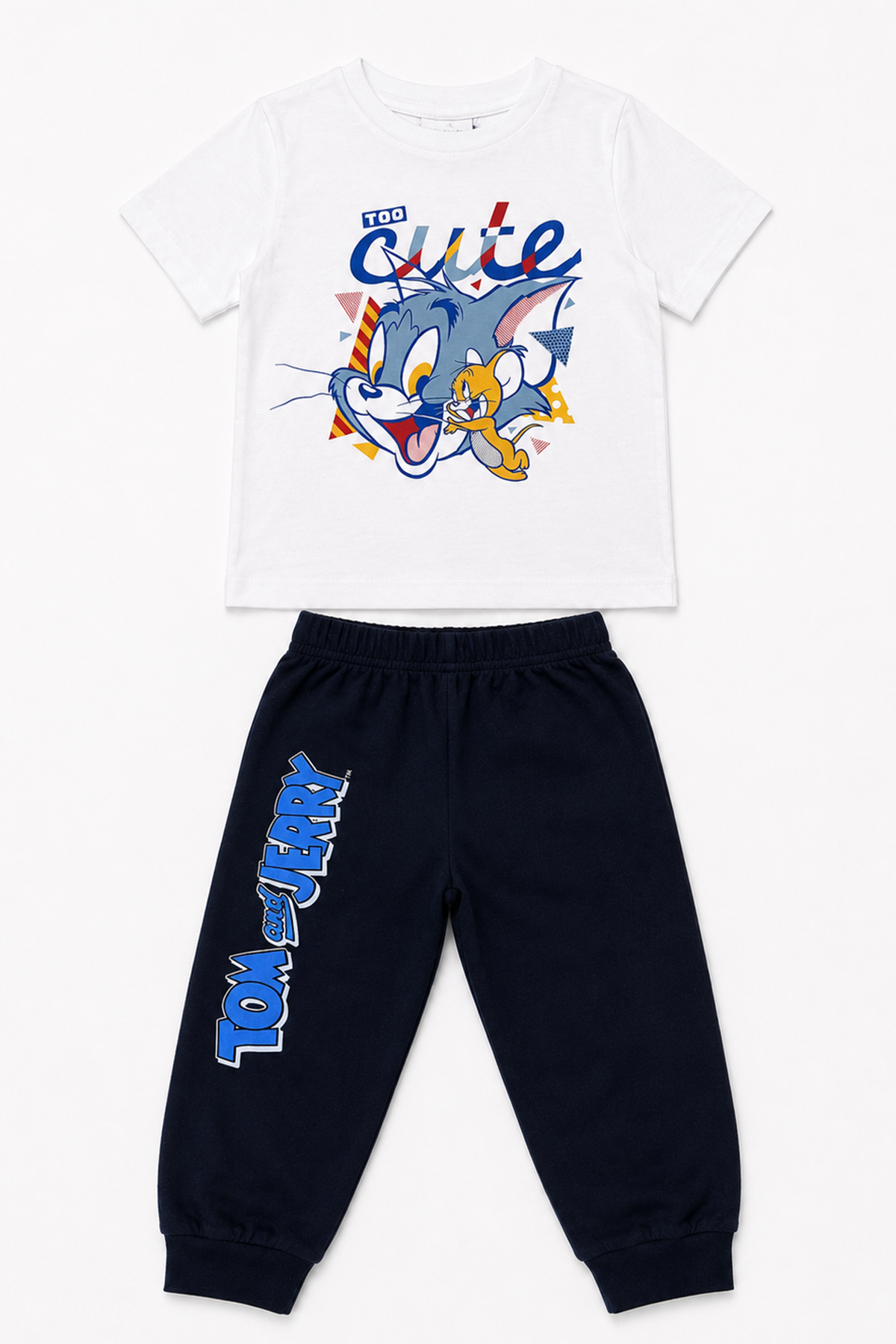 Kids white T-shirt and navy jogger pants set with 'Too Late' character print and side logo.