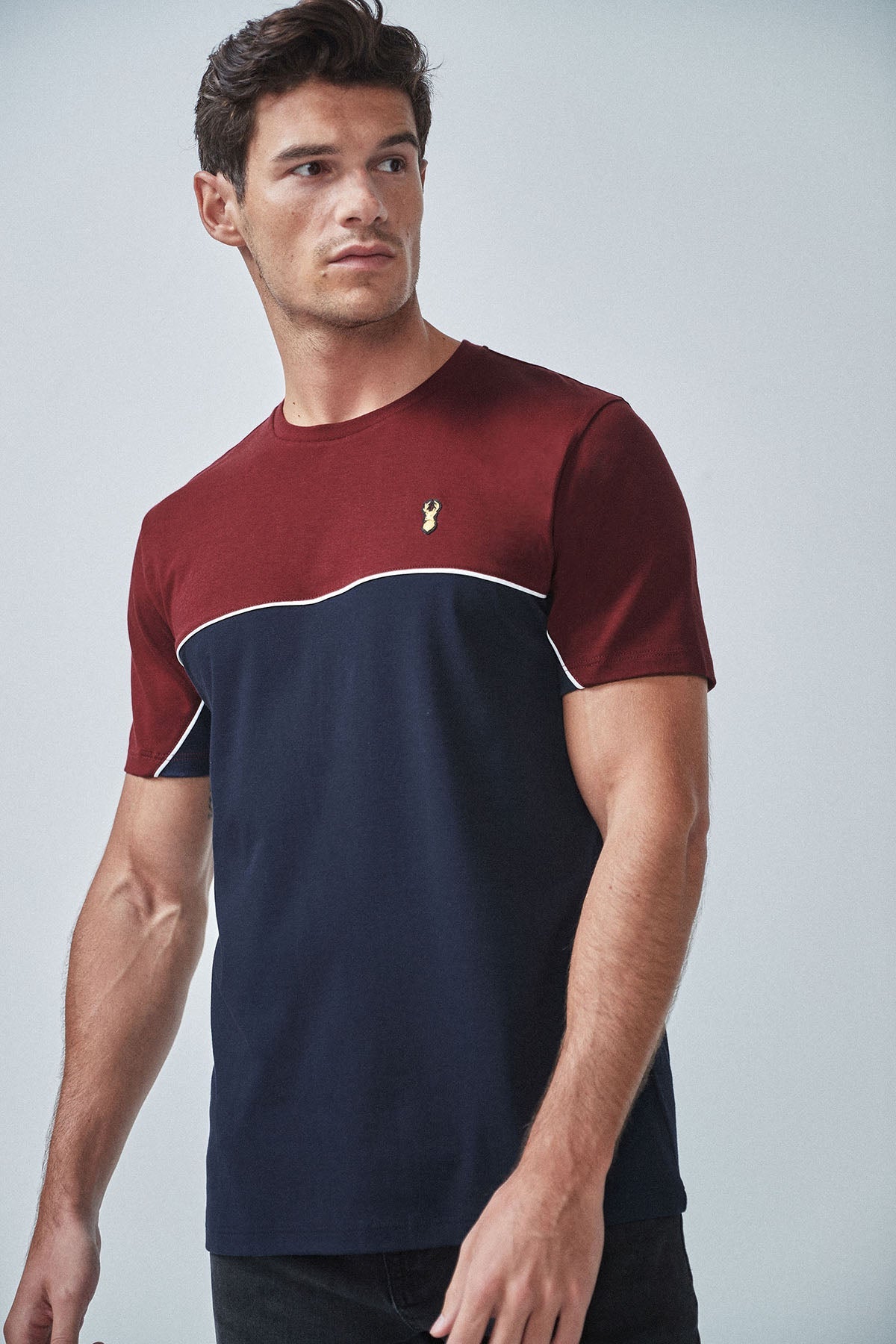 Men's maroon and navy colorblock T-shirt with small chest logo
