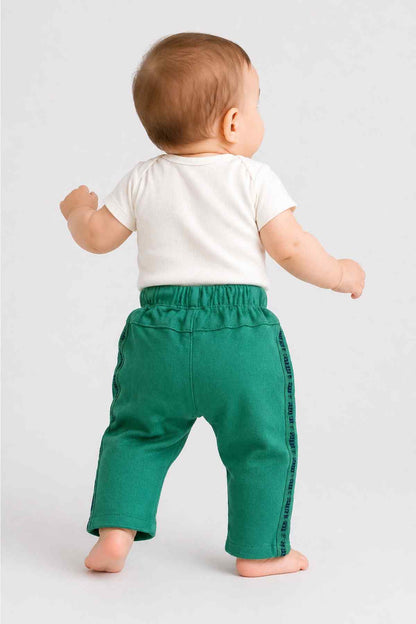 Green baby jogger pants with side text stripe