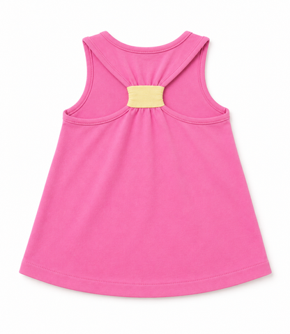 Pink sleeveless baby dress back view with yellow neckline cutout detail