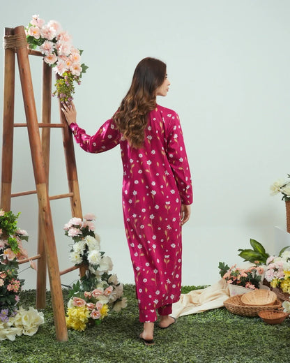 Womenâ€™s magenta floral long kurta dress from back view, long sleeves