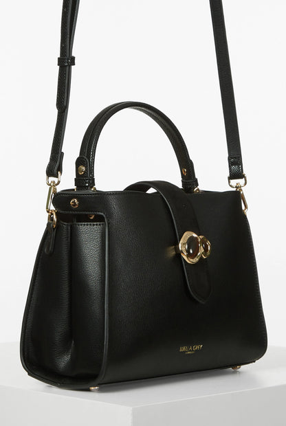 Black leather handbag with two top handles, detachable shoulder strap, gold hardware