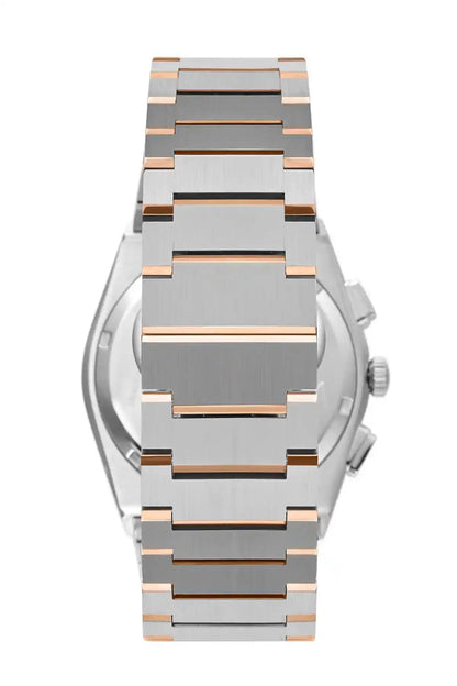 BHPC wristwatch with silver bracelet and rose gold accents, side view of case and crown
