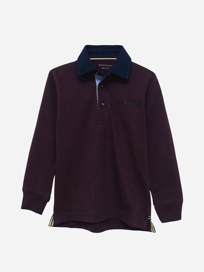 Purple cotton long-sleeve polo shirt with navy collar and front buttons