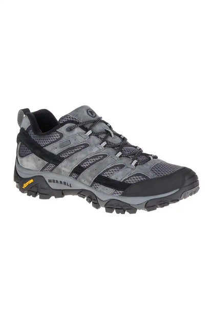 Merrell gray trail shoe with black outsole lugs and lace-up mesh upper