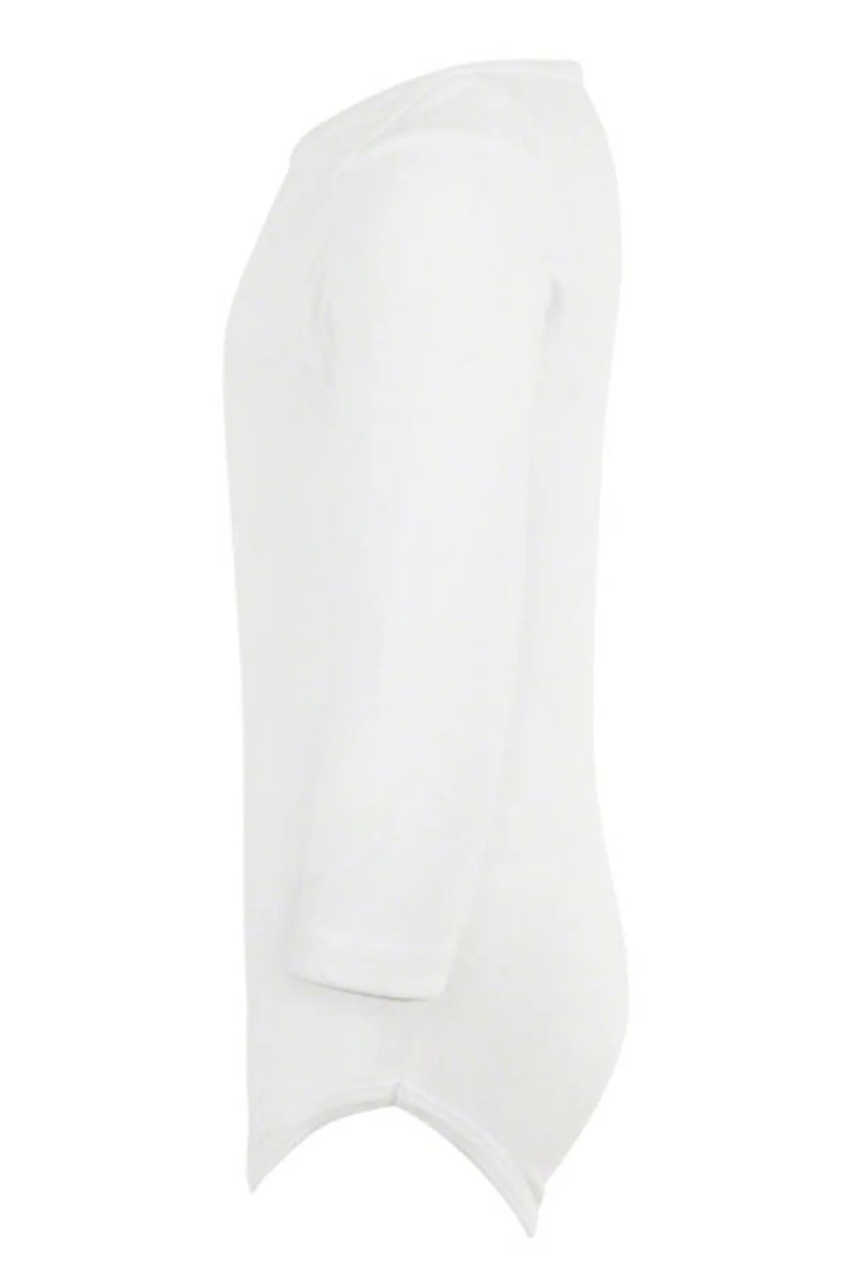 White long-sleeve baby bodysuit side view with leg openings