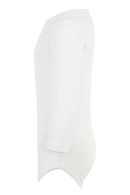 White long-sleeve baby bodysuit side view with leg openings