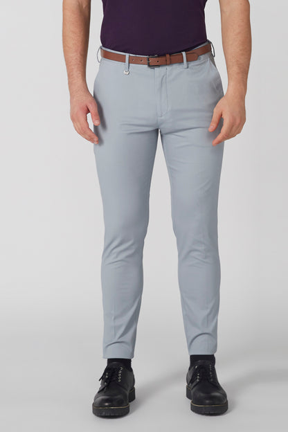 Light blue trousers with brown belt detail, front view