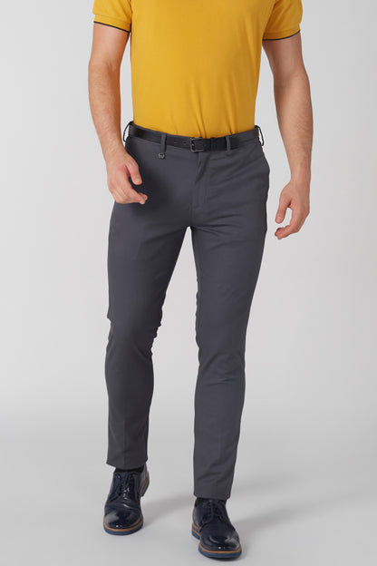 Grey men's trousers with straight legs, belt loops, button-and-zip fly