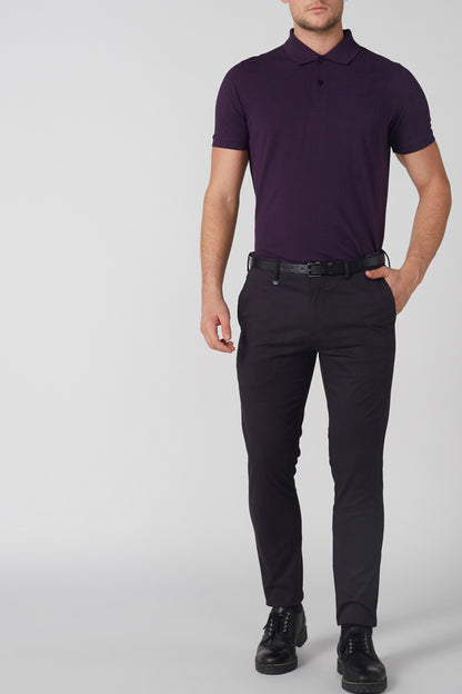 Men's purple polo shirt and black trousers with belt