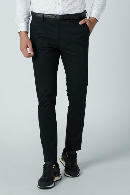 Men's black slim-fit pants with belt loops, button fly, and front pockets.