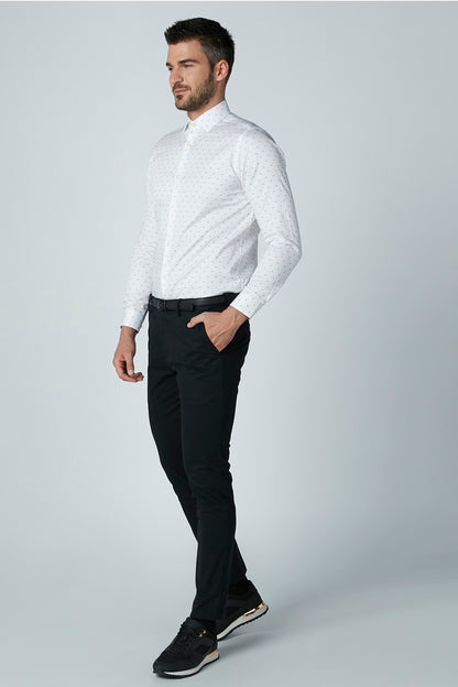 Men's black trousers with button waist, belt loops, and straight tapered legs.