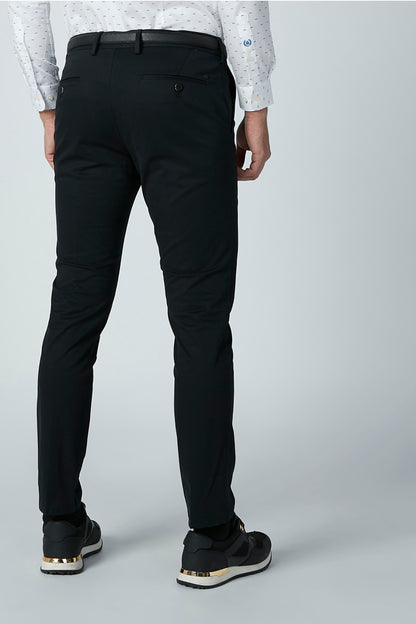 Men's black trousers viewed from back with belt loops and rear pockets.