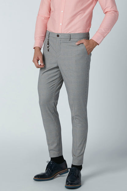 Men's gray checkered dress pants with belt loops and button-zip closure
