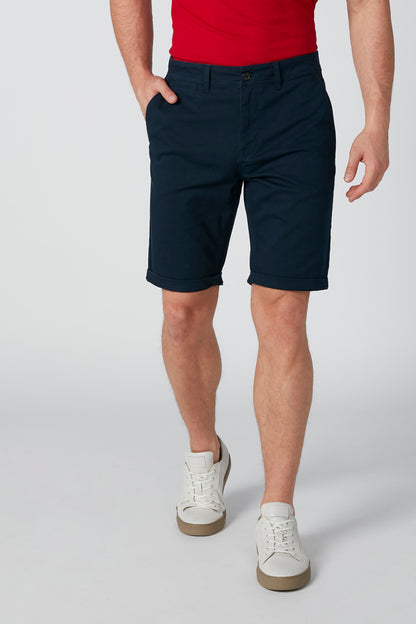 Navy knee-length shorts with button closure, belt loops, and front pockets