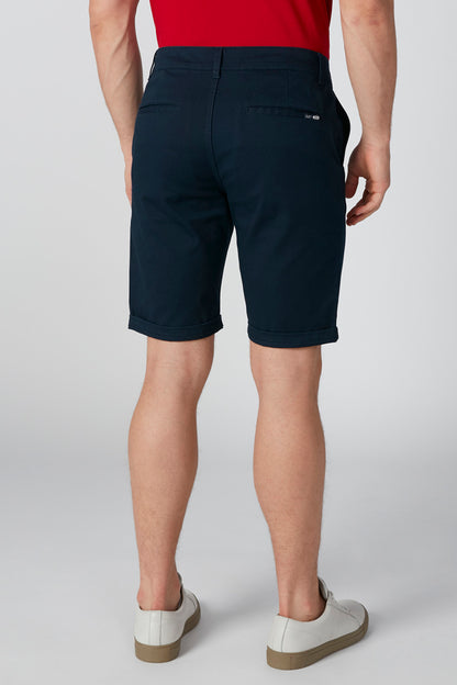 Navy knee-length shorts with back patch pocket and belt loops