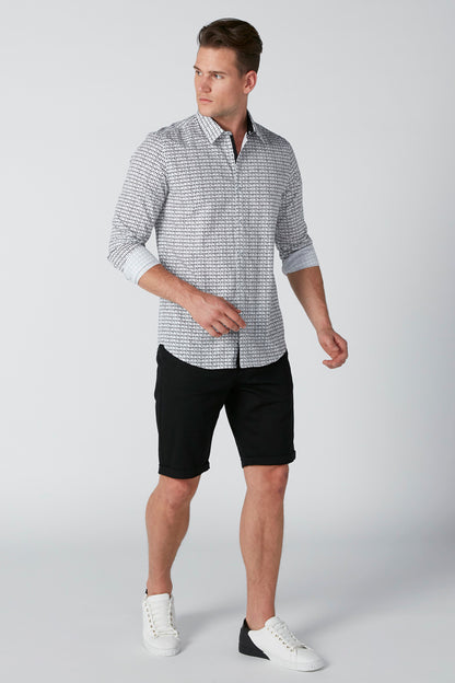 Black knee-length shorts with belt loops, front zip fly, and side pockets