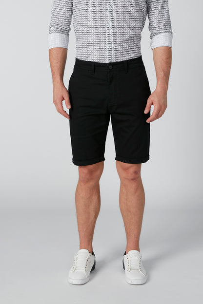 Black knee-length shorts with front pockets, belt loops, and straight leg hem