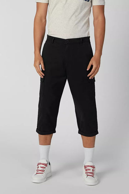 Black cargo shorts with mid-rise waist and front cargo pockets