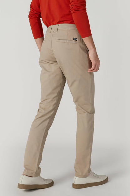 Casual tan pants with belt loops and back pocket, cuffed hem