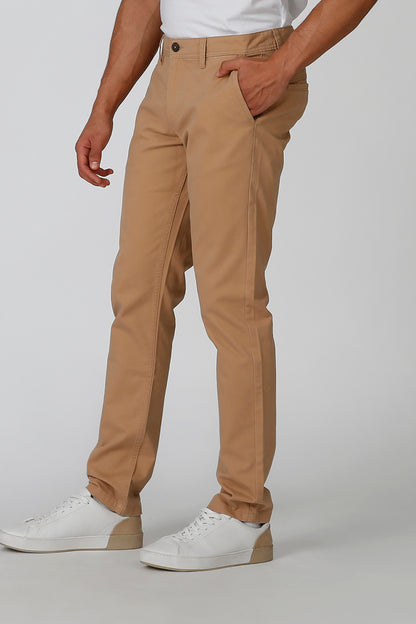 Men's brown chino pants with belt loops, button fly, and front slash pockets